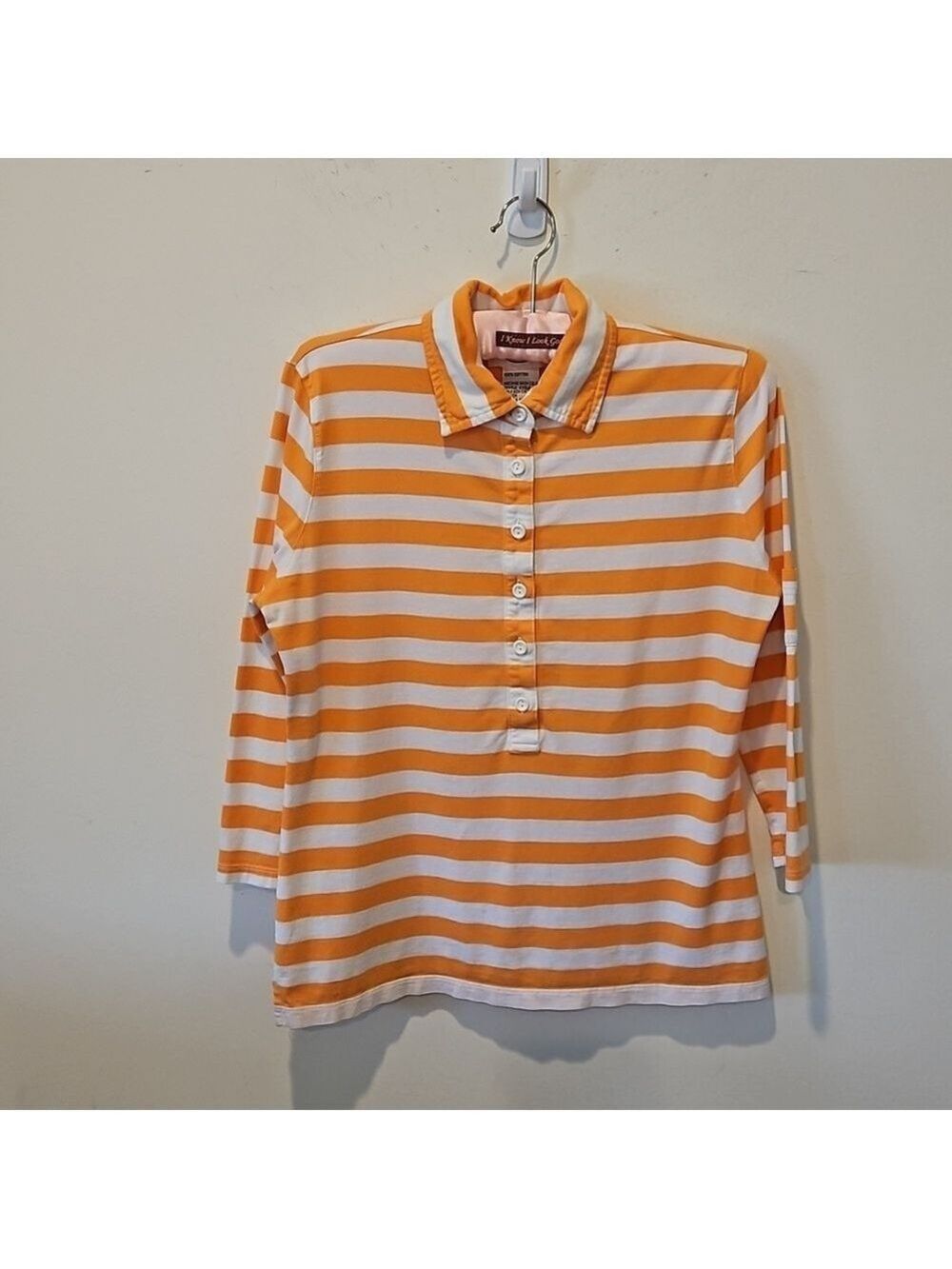 TALBOTS WOMEN'S ORANGE/WHITE STRIPED PARTIAL BUTTON-DOWN 3/4 SLEEVE POLO SIZE S